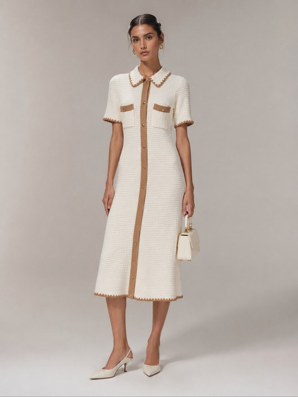 Ivory Textured Knit Contrast Collar Midi Dress Tan Trim Button Front Preppy Luxe
